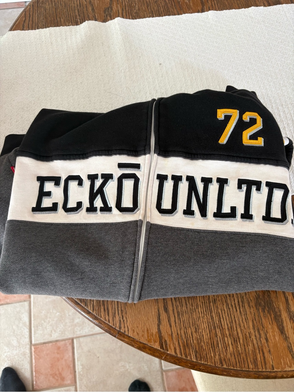 Ecko Unlimited Black White Gray Zip-Up Hoodie with Yellow 72 Patch